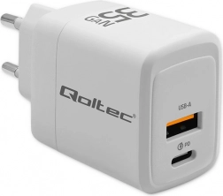 Síťová nabíječka 35 W GaN, USB‑C PD + USB QC 3.0, bílá