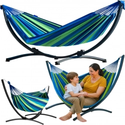 Zahradní houpací síť s ocelovým rámem - Dvoumístná, Zeleno-Modrá 200x120