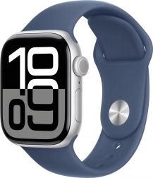 Apple Watch Series 10 GPS, hliníkové pouzdro 42 mm, stříbrná barva s denimovým sportovním páskem - velikost M/L