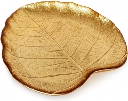 Skleněný servírovací talíř ve tvaru listu, zlatý, 18 × 16 cm