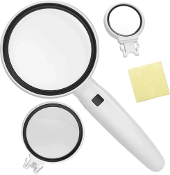 ruční lupa s LED osvětlením a výměnnými čočkami 3,5x/5x/11x
