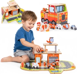 Dřevěná hasičská stanice 2v1 – skládací garáž a vůz se 2 podlažími a doplňky ECOTOYS