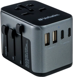 univerzální cestovní adaptér verbatim uta-03 s pd 30 w a qc 3.0, 3× usb-c a 2× usb-a