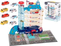 Patrové parkoviště pro autíčka s elektrickým výtahem, 5 úrovní + herní podložka a 8 aut