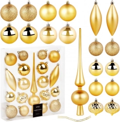 Zlaté nerozbitné vánoční ozdoby se špicí, 19 ks