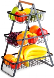 Třípatrový kovový koš na ovoce s dřevěným madlem, černý