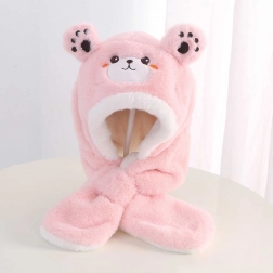 Dětská plyšová čepice s šálou – medvěd – Světlá růžová
