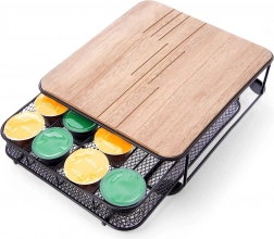 Organizér na kávové kapsle, kovový černý s dřevěnou deskou