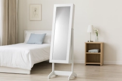 Bílá stojací skříňka na šperky se zrcadlem 34 × 35,5 × 140 cm