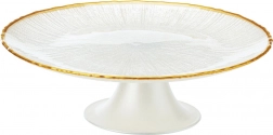 Skleněný stojan na dort na nožce bílý se zlatým lemem 21 cm