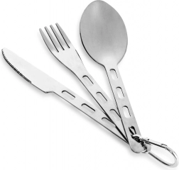 Turistický nerezový příbor s karabinou, 3dílný