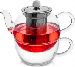 Skleněná čajová konvička s hrnkem a nerezovým sítkem 300 + 350 ml, 2dílná sada