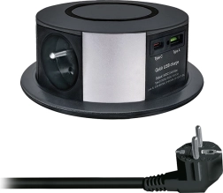 Solight výsuvný blok zásuvek se 3 zásuvkami, USB-A/USB-C PD 20 W a bezdrátovým nabíjením Qi 10 W, 2 m, černý