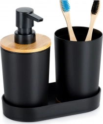 Černá koupelnová sada 3 kusy s dávkovačem a bambusovými prvky