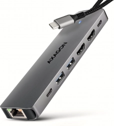 AXAGON HMC-7HX2 víceportový USB‑C hub 7v1 s 2× HDMI 4K/60 Hz, 2× USB‑A, USB‑C, GLAN a PD 100 W