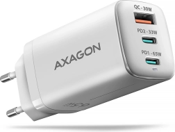 síťová nabíječka AXAGON GaN 65W, 3 porty (USB‑A + dual USB‑C) PD 3.0/QC 4+/PPS, bílá