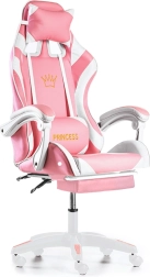 Růžovo-bílá herní židle s podnožkou a masážní bederní opěrkou