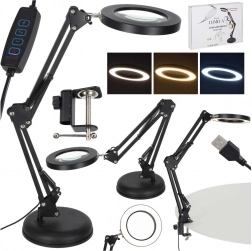 Stolní LED lampa s lupou a nastavitelným ramenem, 2 možnosti uchycení
