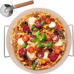 Šamotový kámen na pizzu se stojanem a kráječem, 3dílná sada