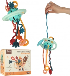 Montessori senzorické chrastítko a kousátko s provázky a tlačítky pro miminka