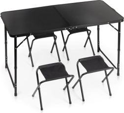 Vilde skládací turistický stůl s 4 židličkami, černý, 120 × 60 cm