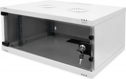 Nástěnná síťová skříň 19" 4U DIGITUS, 241 × 540 × 400 mm, skleněné dveře, šedá, nezkompletovaná