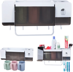 Nástěnný organizér na zubní kartáčky s dávkovačem pasty a 3 kelímky, bílý