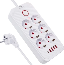 Prodlužovací přepěťová lišta 6 zásuvek se 4× USB‑A a 1× USB‑C, 2500 W, bílá