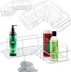 Rohová sprchová polička do koupelny s háčky, samolepicí, bílá