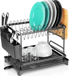 Kovový odkapávač na nádobí černý dvouúrovňový 42 × 29 × 36,5 cm