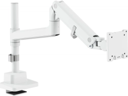 Bílé plynové rameno na monitor s deskovým svěrákem, 57" / 27 kg, VESA 75x75 a 100x100