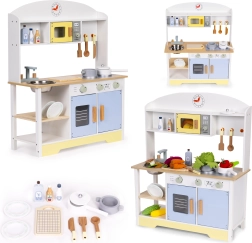 Dřevěná dětská kuchyňka s troubou, pračkou a mikrovlnkou ECOTOYS – 12 doplňků