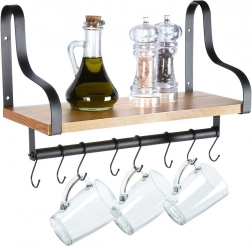 Nástěnná police s relingem a háčky ze dřeva 43 × 18 × 26 cm