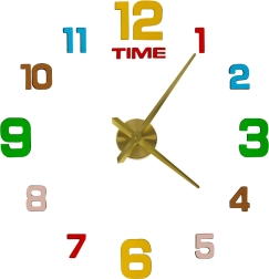 Nástěnné samolepicí hodiny DIY 80–90 cm, zlaté ručičky, barevné číslice