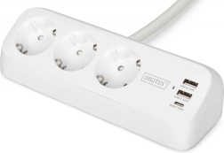 Stolní prodlužovací přepěťová lišta se svěrkou, 3 zásuvky schuko, 2× usb‑a 12 w, 1× usb‑c 30 w, kabel 1,5 m, bílá
