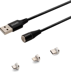 Magnetický USB kabel Savio 3v1 typ C, Micro a Lightning, černý, 1m