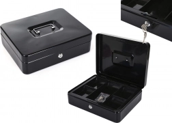 Kovová pokladní kazeta s přihrádkami, dvouúrovňová, černá, 2 klíče