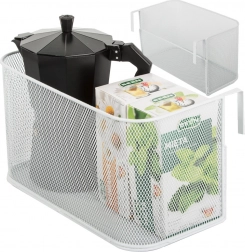 Kovový závěsný koš z drátěné síťoviny na kolejnici a dveře – bílý organizér