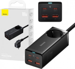 Baseus GaN3 Pro napájecí lišta a nabíječka 100 W, 2× USB‑C + 2× USB + AC (černá)