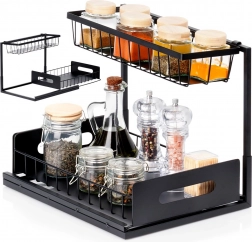 Dvoupodlažní kuchyňská polička s výsuvnou zásuvkou, kovová, černá 36 × 27 × 28,5 cm