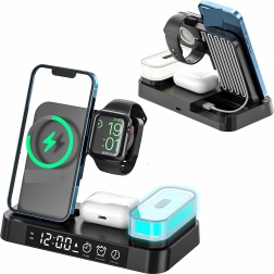 Bezdrátová nabíjecí stanice 4v1 s hodinami a noční lampičkou 15 W pro Qi, iPhone, Apple Watch a AirPods
