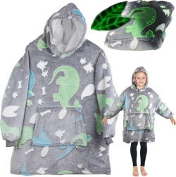 svíticí dětská deka s kapucí 2v1 – šedá s dinosaury