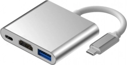 Hliníkový USB‑C 3v1 hub s HDMI 4K, USB 3.1 a USB‑C napájením – stříbrný