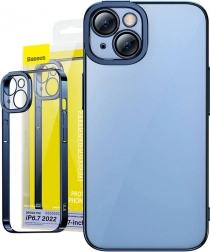 Průhledné pouzdro se sklem pro iPhone 14 Plus - Baseus Glitter modré