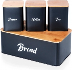 Černý kovový chlebník s bambusovým víkem a sada dóz na cukr, kávu a čaj 4 ks