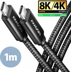 AXAGON USB‑C na USB‑C kabel USB4 40 Gb/s, PD 240 W, 8K, 1 m, hliník, opletený, černý