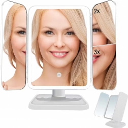 Skládací LED kosmetické zrcátko s trojitým panelem a 3násobným přiblížením