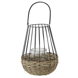 Kovový lampion černo-hnědý se skleněnou vložkou 30 × 47 cm