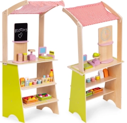 Dřevěný dětský tržišťní stánek s terminálem a vahou ECOTOYS, 20 dílů