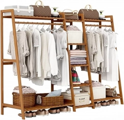 Dvojitý bambusový stojan na oblečení s 5 policemi, délka 160 cm